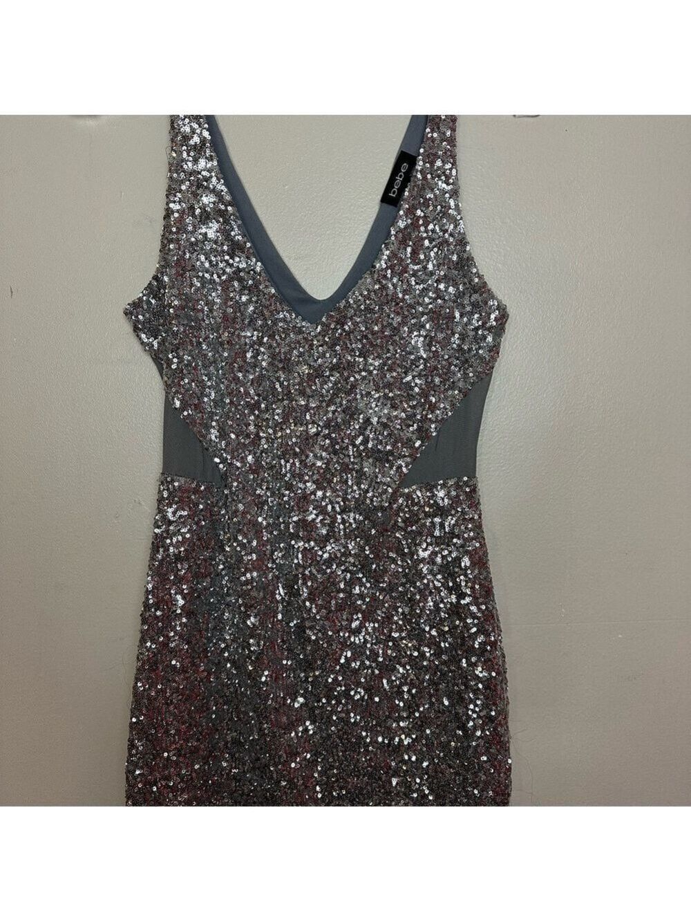 Bebe Silver Sequin Bodycon Sleeveless Mini Dress with Mesh Cutouts - Picture 11 of 14